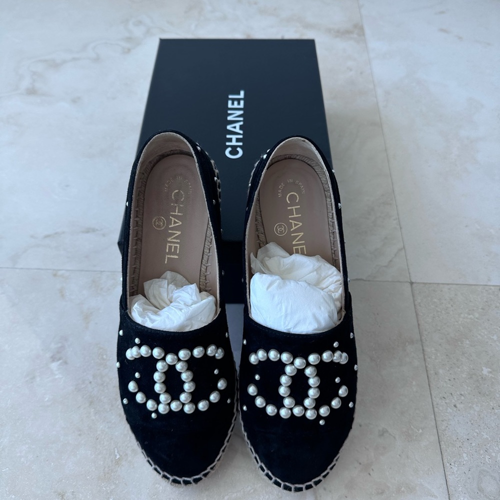 Chanel Black Espadrilles with Pearl Detailing